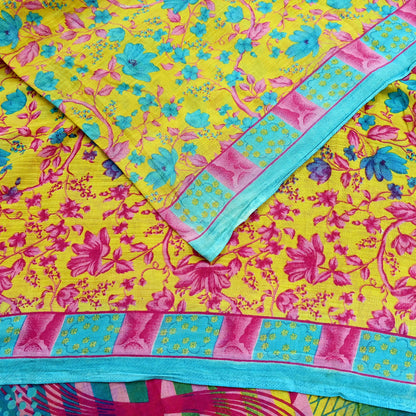 Indian Vintage Sari Blue & Yellow Printed 100% Pure Cotton Saree Craft Fabric 5Yd Soft Sewing Sarong Wrap Boho