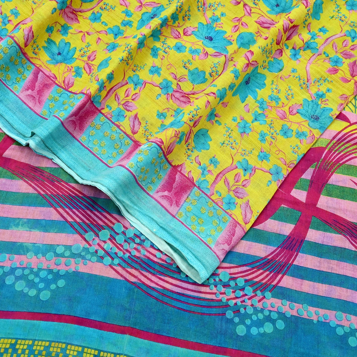 Indian Vintage Sari Blue & Yellow Printed 100% Pure Cotton Saree Craft Fabric 5Yd Soft Sewing Sarong Wrap Boho