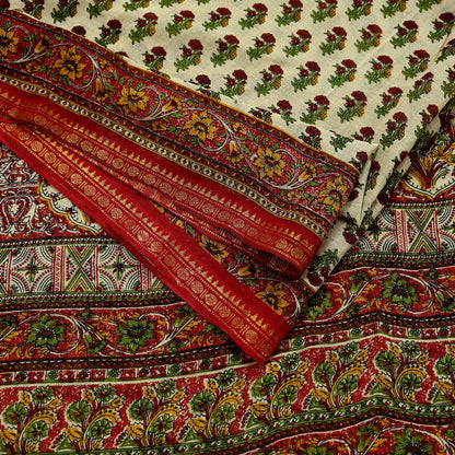 Indian Vintage Sari Ivory & Maroon Printed Pure Cotton Saree Fabric Soft Floral 5Yd Sarong Wrap Boho Fabric Kimono Soft