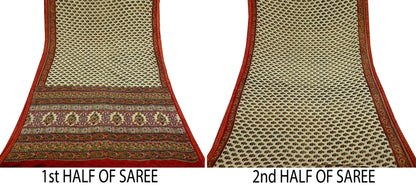 Indian Vintage Sari Ivory & Maroon Printed Pure Cotton Saree Fabric Soft Floral 5Yd Sarong Wrap Boho Fabric Kimono Soft