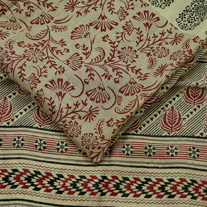 Indian Vintage Beige Saree Blend Cotton Printed Sari Craft Fabric 6Yd Soft Sewing Sarong Wrap Floral Floral Dress Making Crafting Quilting