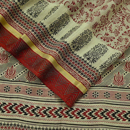 Indian Vintage Beige Saree Blend Cotton Printed Sari Craft Fabric 6Yd Soft Sewing Sarong Wrap Floral Floral Dress Making Crafting Quilting