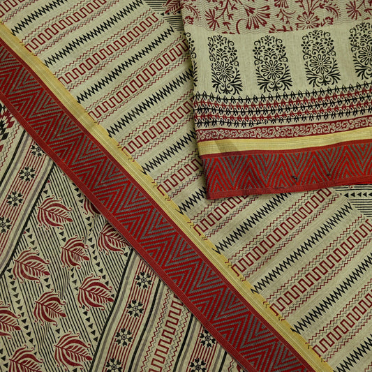 Indian Vintage Beige Saree Blend Cotton Printed Sari Craft Fabric 6Yd Soft Sewing Sarong Wrap Floral Floral Dress Making Crafting Quilting