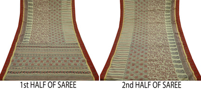 Indian Vintage Beige Saree Blend Cotton Printed Sari Craft Fabric 6Yd Soft Sewing Sarong Wrap Floral Floral Dress Making Crafting Quilting