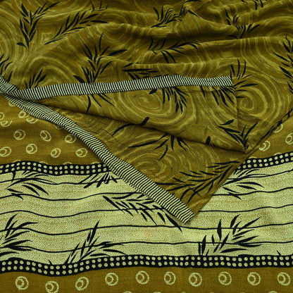 Indian Vintage Sari Green & Black Pure Crepe Silk Printed Sarees 5yd Sewing Floral Soft Craft Fabric Wrap Dress making Crafting Quilting