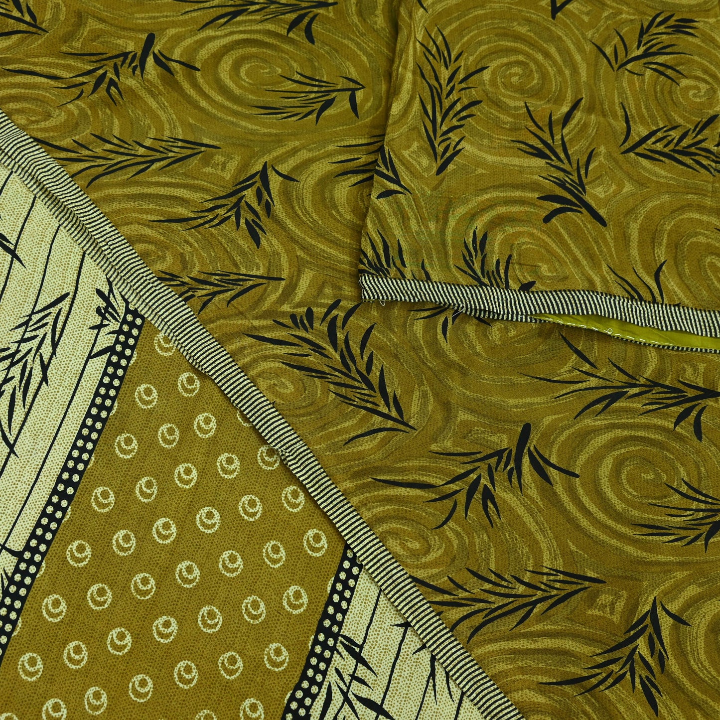 Indian Vintage Sari Green & Black Pure Crepe Silk Printed Sarees 5yd Sewing Floral Soft Craft Fabric Wrap Dress making Crafting Quilting