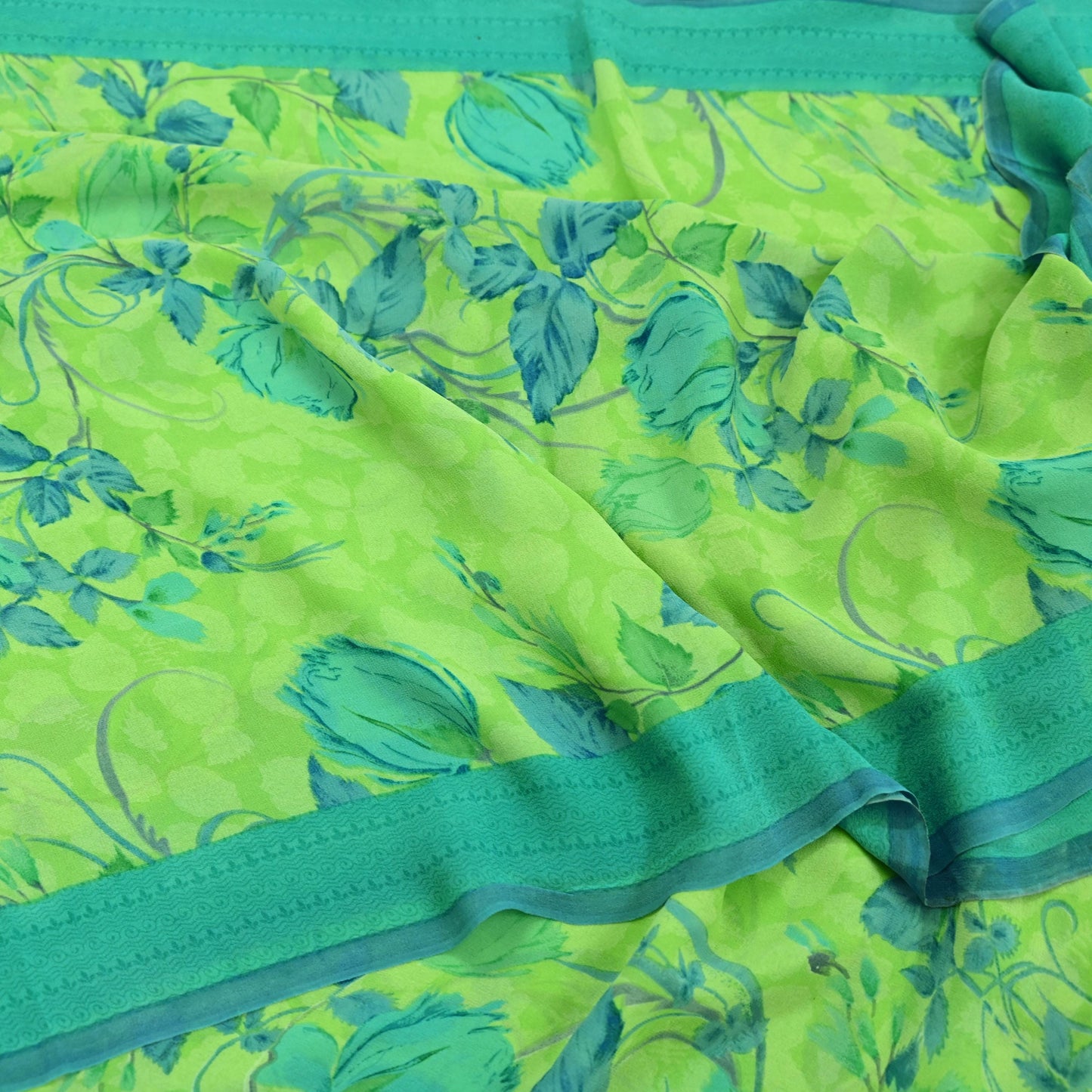 Indian Women Vintage Sari Lemon Green 100% Pure Georgette Silk Printed Sarees Sewing 5yd Soft Craft Fabric Floral Design Wrap Boho