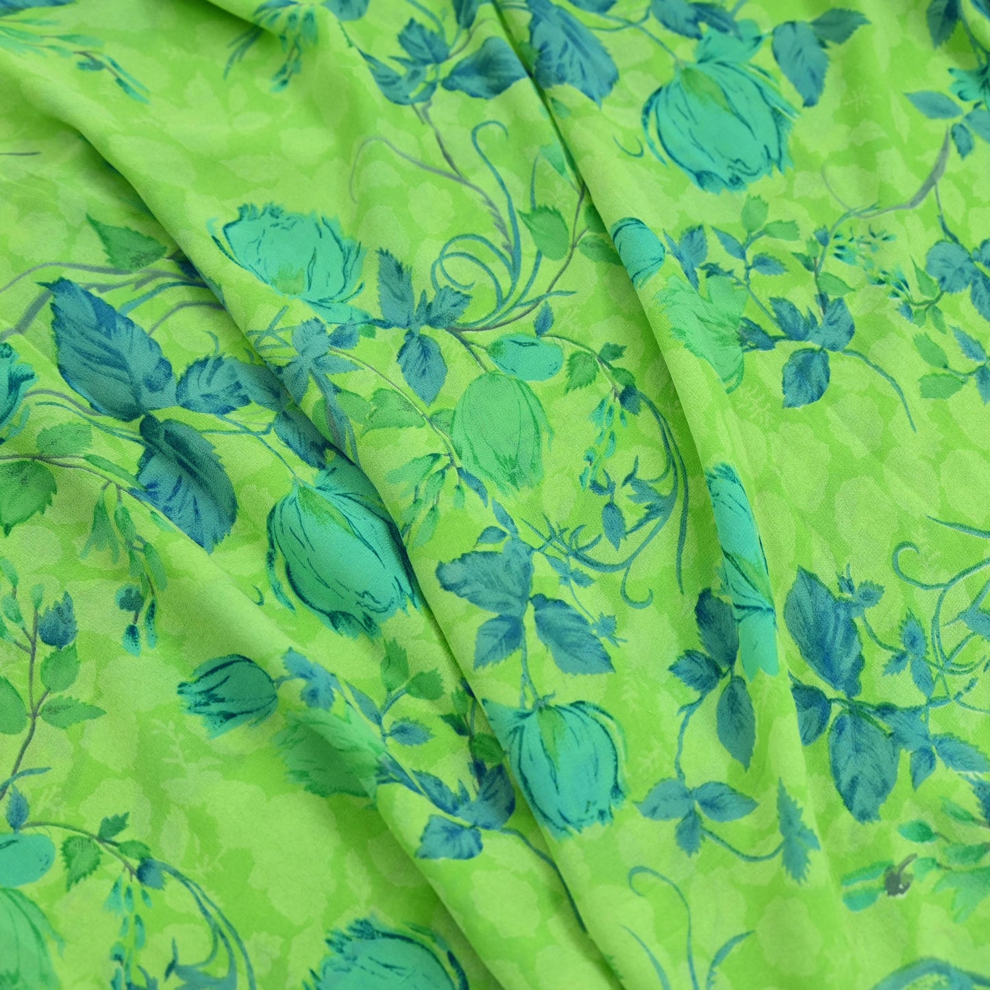 Indian Women Vintage Sari Lemon Green 100% Pure Georgette Silk Printed Sarees Sewing 5yd Soft Craft Fabric Floral Design Wrap Boho