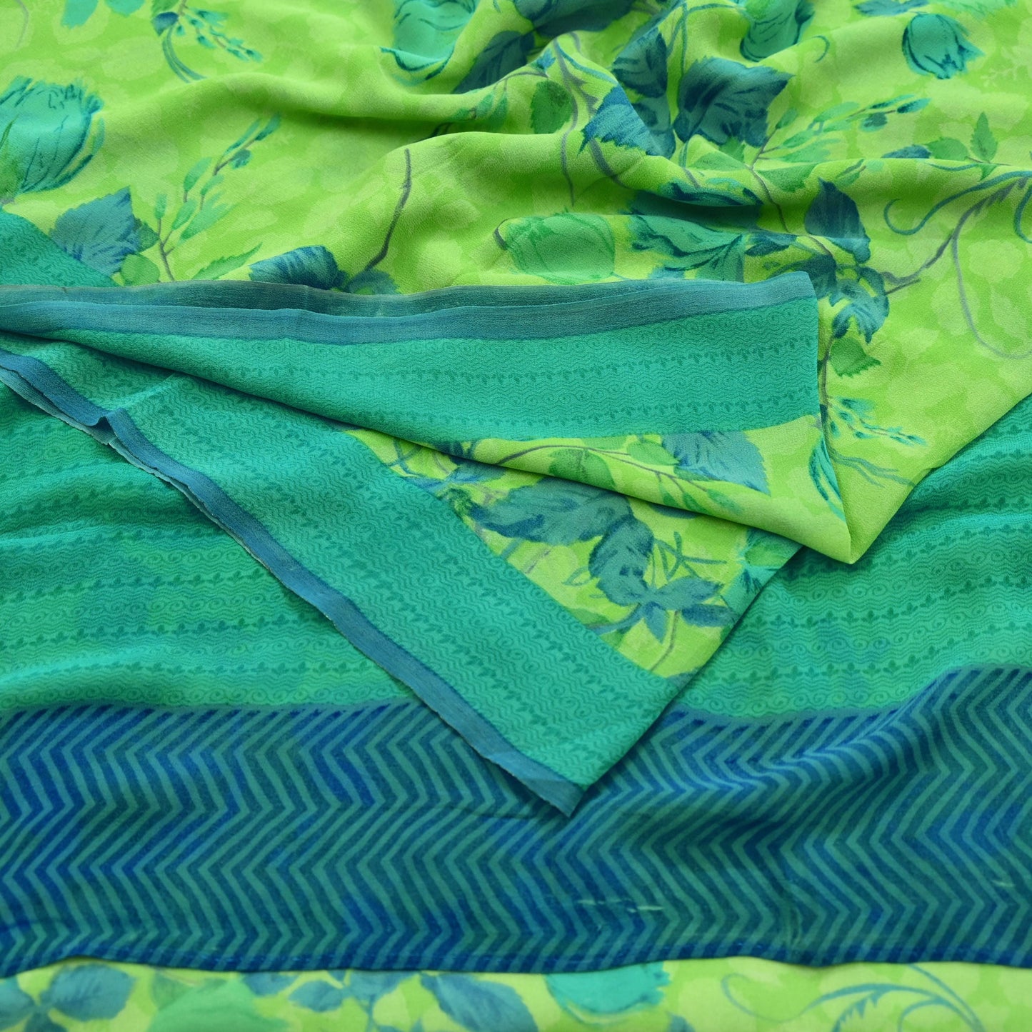 Indian Women Vintage Sari Lemon Green 100% Pure Georgette Silk Printed Sarees Sewing 5yd Soft Craft Fabric Floral Design Wrap Boho