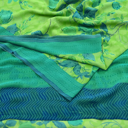 Indian Women Vintage Sari Lemon Green 100% Pure Georgette Silk Printed Sarees Sewing 5yd Soft Craft Fabric Floral Design Wrap Boho