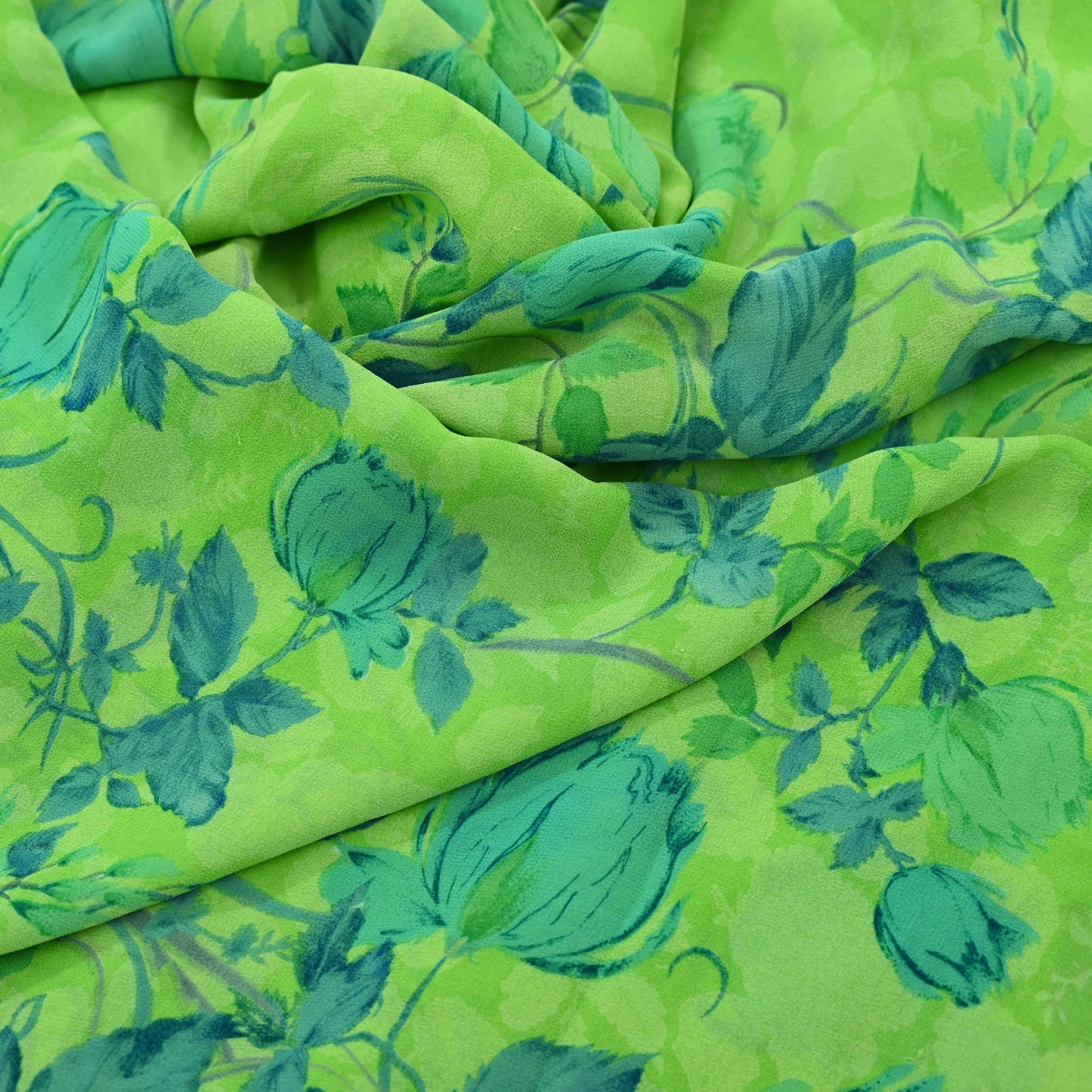 Indian Women Vintage Sari Lemon Green 100% Pure Georgette Silk Printed Sarees Sewing 5yd Soft Craft Fabric Floral Design Wrap Boho