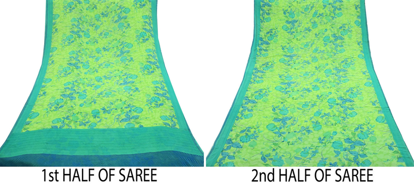 Indian Women Vintage Sari Lemon Green 100% Pure Georgette Silk Printed Sarees Sewing 5yd Soft Craft Fabric Floral Design Wrap Boho