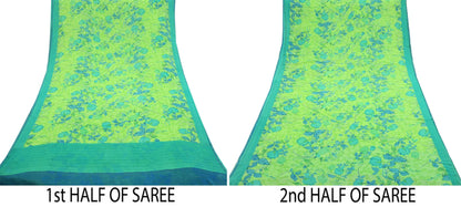 Indian Women Vintage Sari Lemon Green 100% Pure Georgette Silk Printed Sarees Sewing 5yd Soft Craft Fabric Floral Design Wrap Boho
