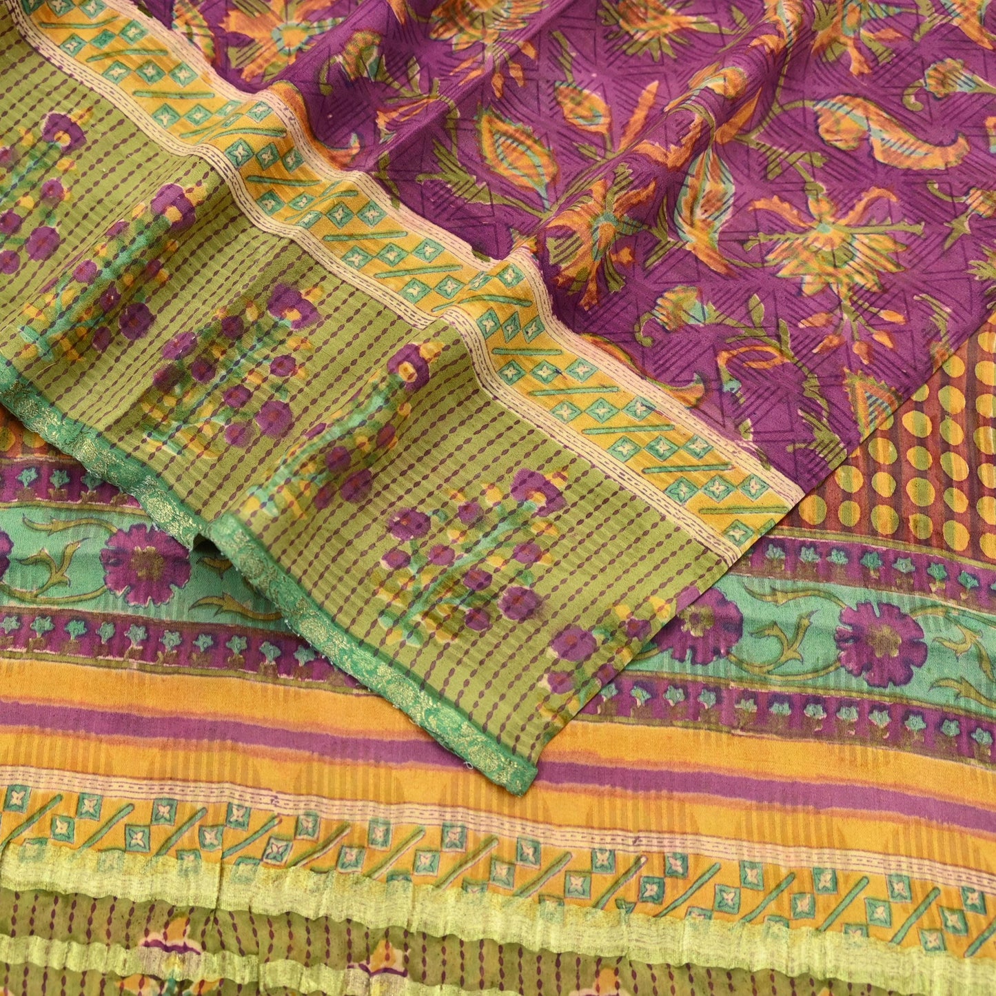 Women Vintage Sari Purple & Green Pure Georgette Silk Printed Sarees Craft Fabric Sewing 5Yd Soft Dress Making Zari Border Crafting Quilting
