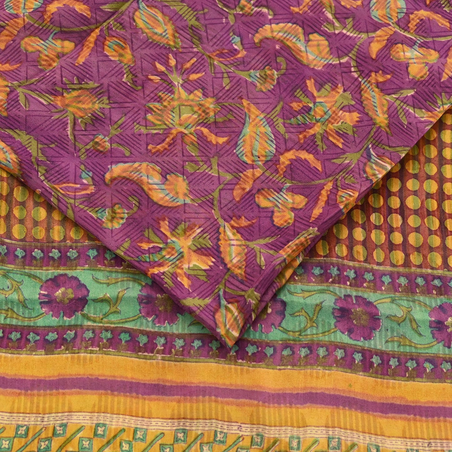Women Vintage Sari Purple & Green Pure Georgette Silk Printed Sarees Craft Fabric Sewing 5Yd Soft Dress Making Zari Border Crafting Quilting