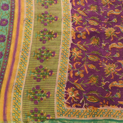 Women Vintage Sari Purple & Green Pure Georgette Silk Printed Sarees Craft Fabric Sewing 5Yd Soft Dress Making Zari Border Crafting Quilting