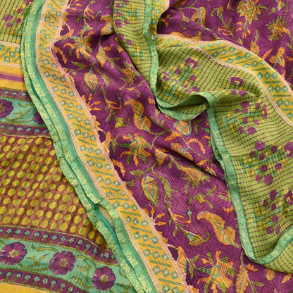 Women Vintage Sari Purple & Green Pure Georgette Silk Printed Sarees Craft Fabric Sewing 5Yd Soft Dress Making Zari Border Crafting Quilting