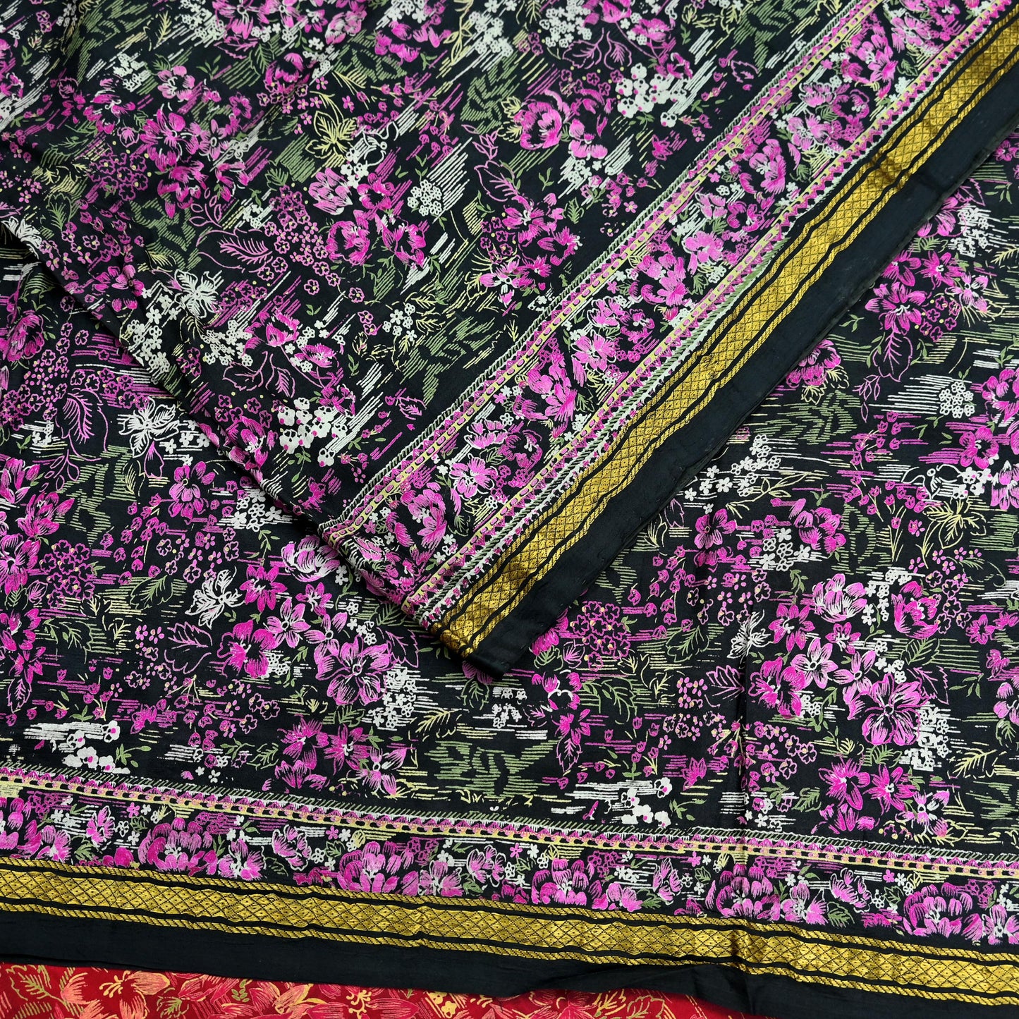 Indian Vintage Sari Pink & Black Printed Pure Silk Sarees 5yd Sewing Craft Fabric Floral Dress Making Soft Quilting Crafting Upcycle Zari