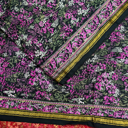 Indian Vintage Sari Pink & Black Printed Pure Silk Sarees 5yd Sewing Craft Fabric Floral Dress Making Soft Quilting Crafting Upcycle Zari