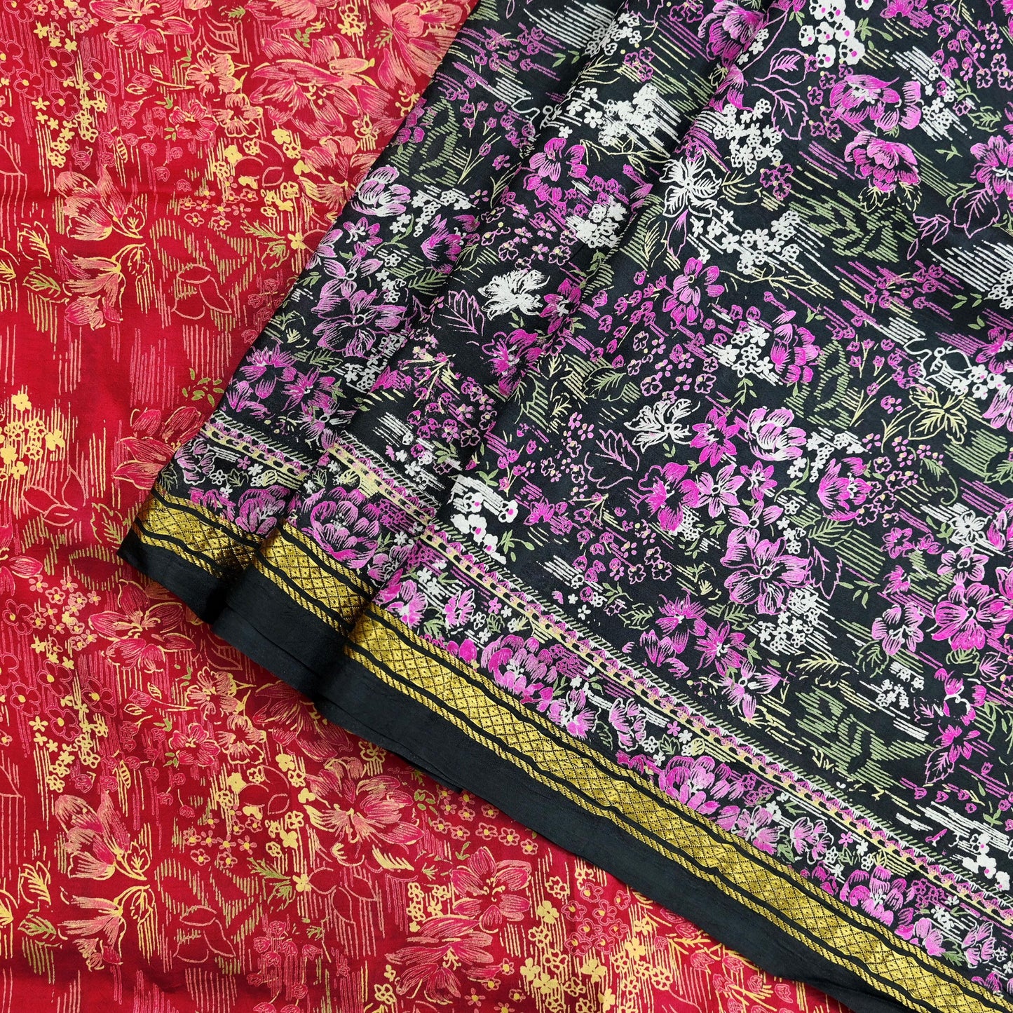 Indian Vintage Sari Pink & Black Printed Pure Silk Sarees 5yd Sewing Craft Fabric Floral Dress Making Soft Quilting Crafting Upcycle Zari