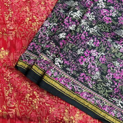 Indian Vintage Sari Pink & Black Printed Pure Silk Sarees 5yd Sewing Craft Fabric Floral Dress Making Soft Quilting Crafting Upcycle Zari