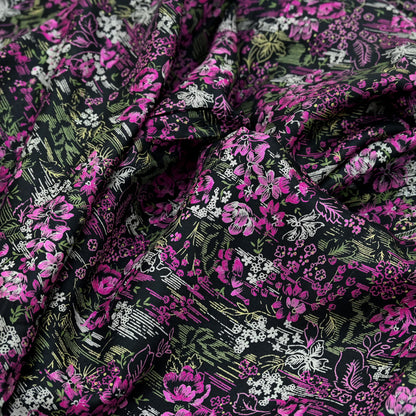 Indian Vintage Sari Pink & Black Printed Pure Silk Sarees 5yd Sewing Craft Fabric Floral Dress Making Soft Quilting Crafting Upcycle Zari