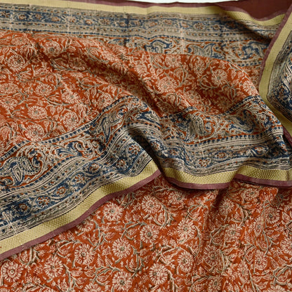 Indian Vintage Sari Orange & Blue Pure chanderi Silk Block Printed Saree Craft Fabric 6Yd Soft Zari Border Dress making bollywood silk saree