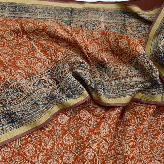 Indian Vintage Sari Orange & Blue Pure chanderi Silk Block Printed Saree Craft Fabric 6Yd Soft Zari Border Dress making bollywood silk saree