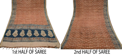 Indian Vintage Sari Orange & Blue Pure chanderi Silk Block Printed Saree Craft Fabric 6Yd Soft Zari Border Dress making bollywood silk saree
