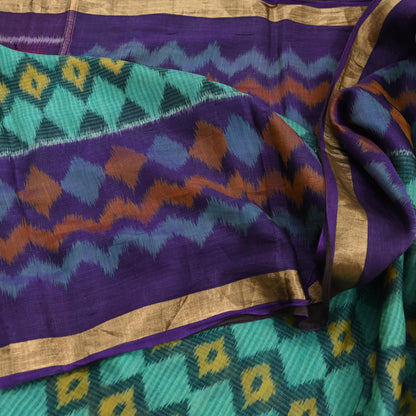 Indian Vintage Green & Purple Saree Pure Silk Pochampally Hand Woven Ikat Sari Craft Fabric 5Yd Ethnic Zari Border Dress making Fringes