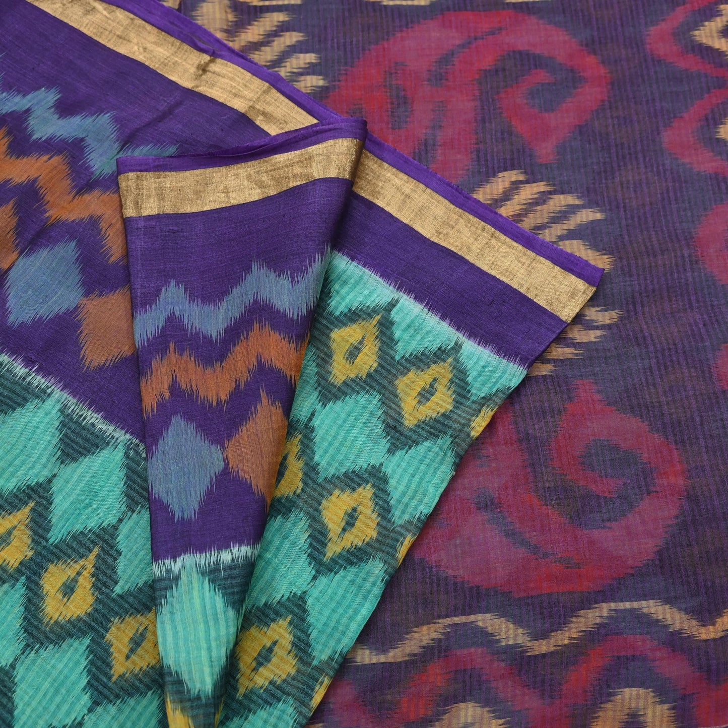 Indian Vintage Green & Purple Saree Pure Silk Pochampally Hand Woven Ikat Sari Craft Fabric 5Yd Ethnic Zari Border Dress making Fringes