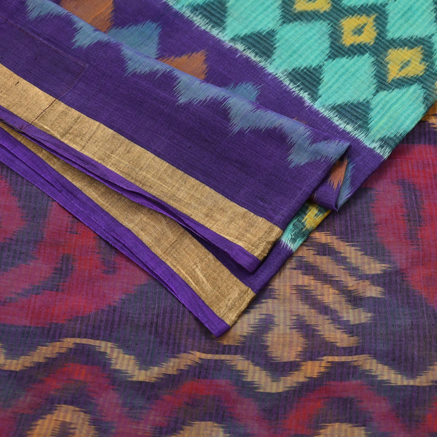 Indian Vintage Green & Purple Saree Pure Silk Pochampally Hand Woven Ikat Sari Craft Fabric 5Yd Ethnic Zari Border Dress making Fringes