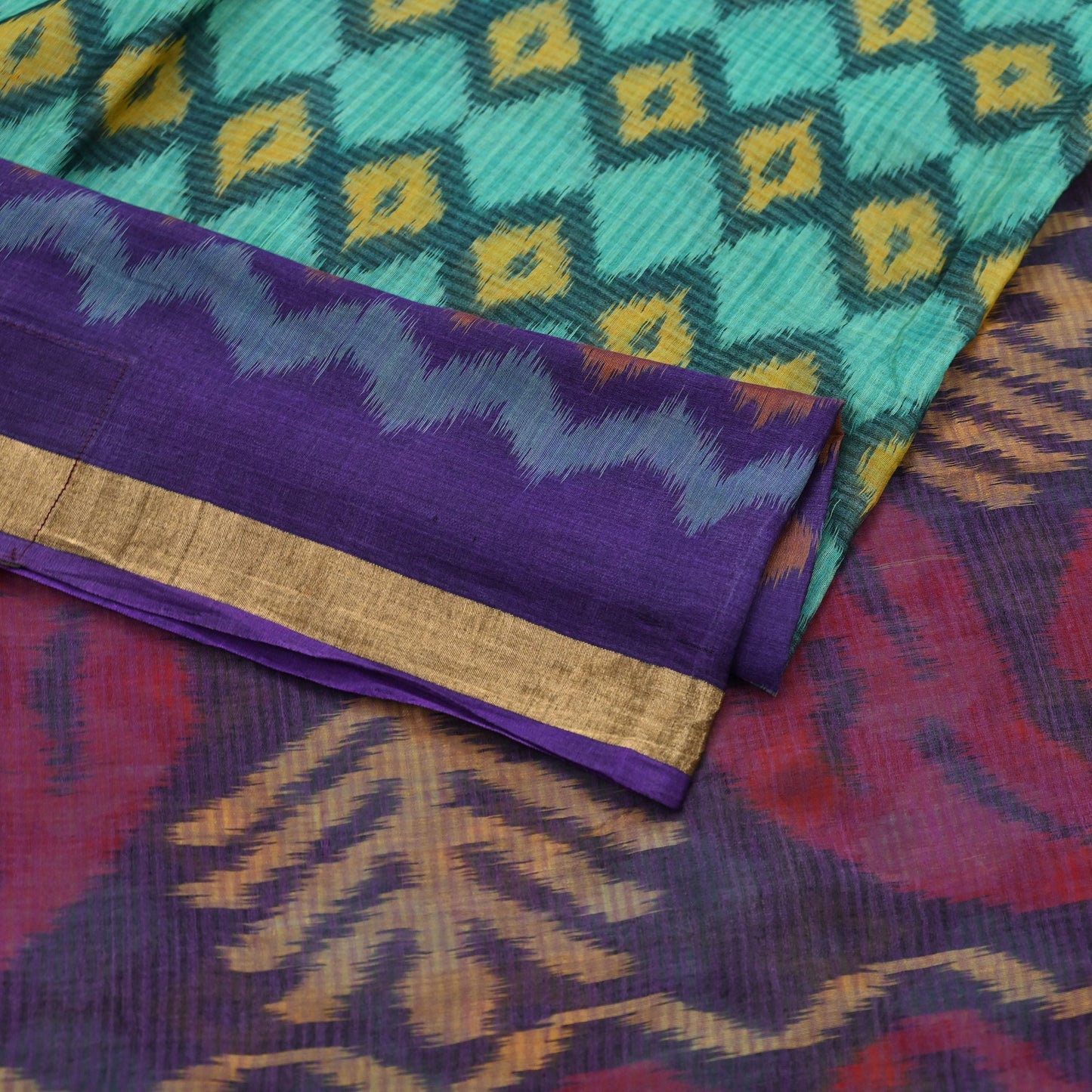 Indian Vintage Green & Purple Saree Pure Silk Pochampally Hand Woven Ikat Sari Craft Fabric 5Yd Ethnic Zari Border Dress making Fringes