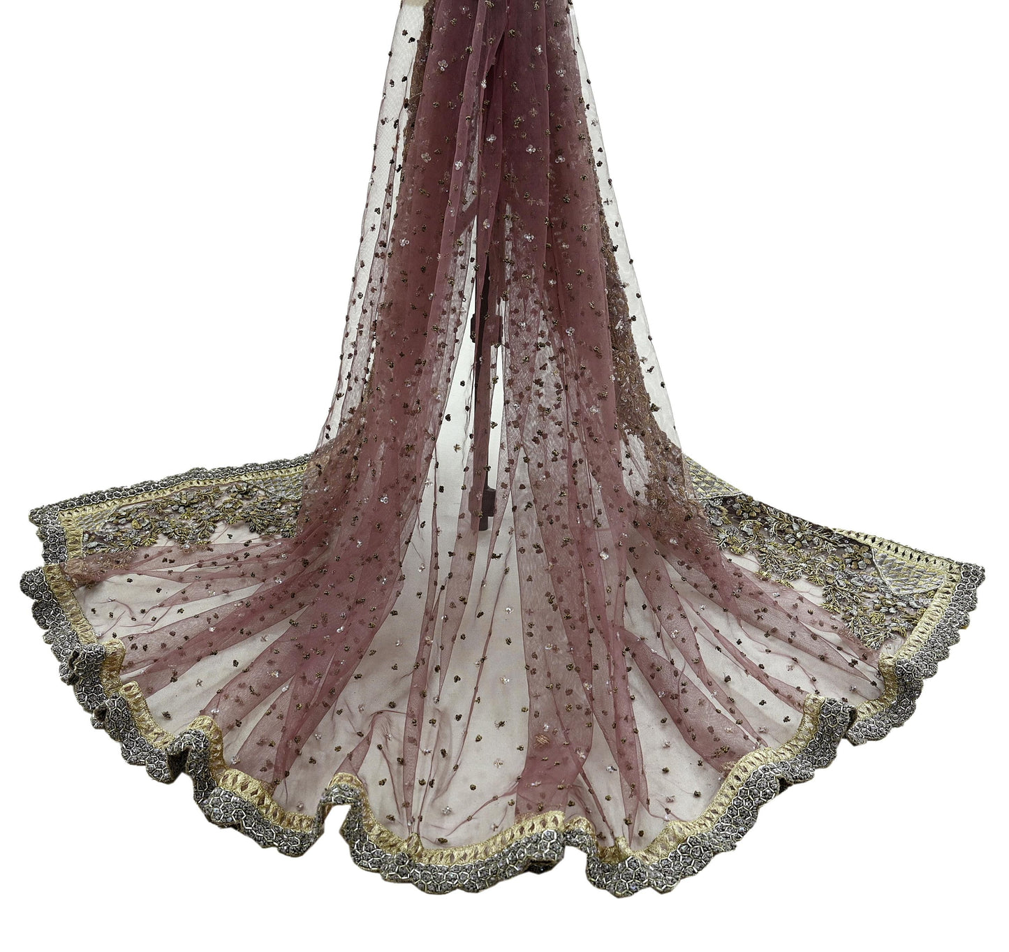 Indian Vintage Heavy Mauve Dupatta Net Mesh Long Stole Hand Embroidered Scarves Zardozi/ Dabka Zari Sequins Bridal Wear Wedding Veil