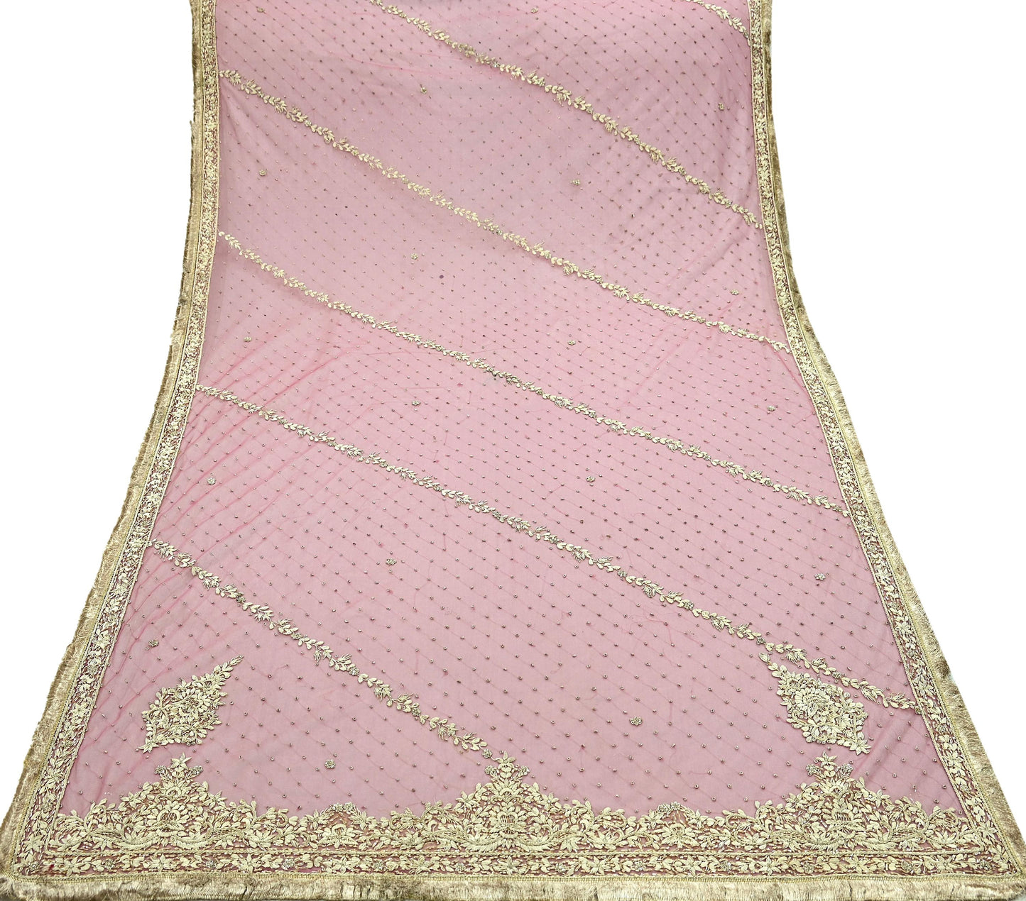 Indian Vintage Heavy Bridal Pink Dupatta Net Mesh Long Stole Hand Embroidered Scarves Fringes Zardozi Dabka Zari Sequins Wedding Veil Hijab