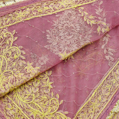 Indian Vintage Heavy Bridal Pink Dupatta Net Mesh Long Stole Hand Embroidered Scarves Fringes Zardozi Dabka Zari Sequins Wedding Veil Hijab