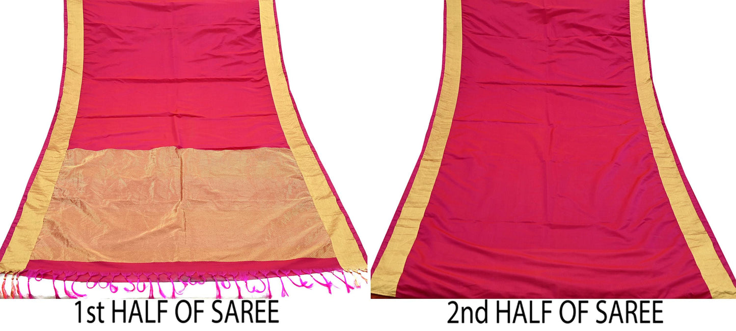 Vintage Heavy Sari Magenta Hand Woven Kanjivaram Artificial Silk Sarees Zari 5Yd Floral Craft Fabric Dress making Crafting Quilting