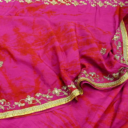 Indian Vintage Sari Magenta Pure Silk Hand Embroidered Sarees Craft Fabric 5Yd Sewing Soft Zardozi/Dabka Dress making Bridal/wedding sari