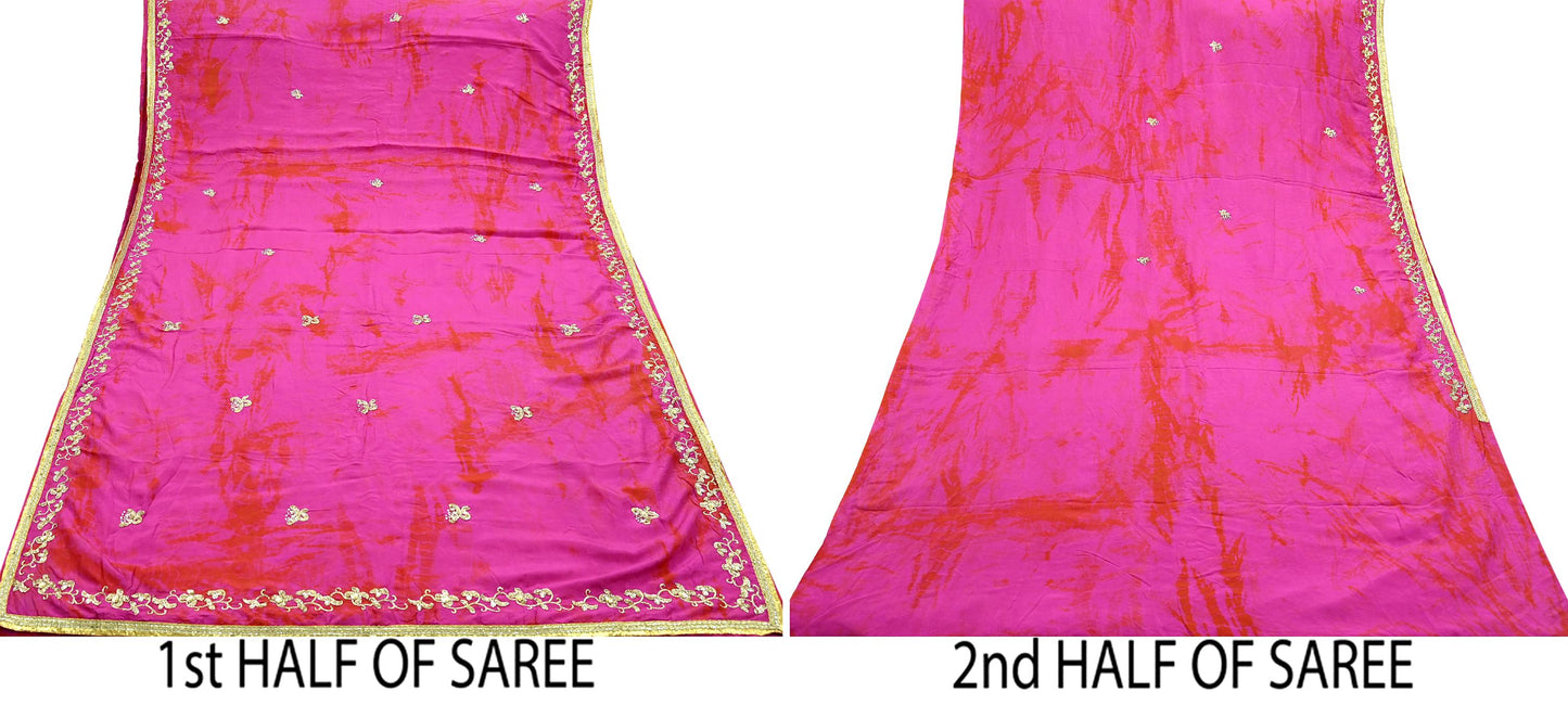 Indian Vintage Sari Magenta Pure Silk Hand Embroidered Sarees Craft Fabric 5Yd Sewing Soft Zardozi/Dabka Dress making Bridal/wedding sari