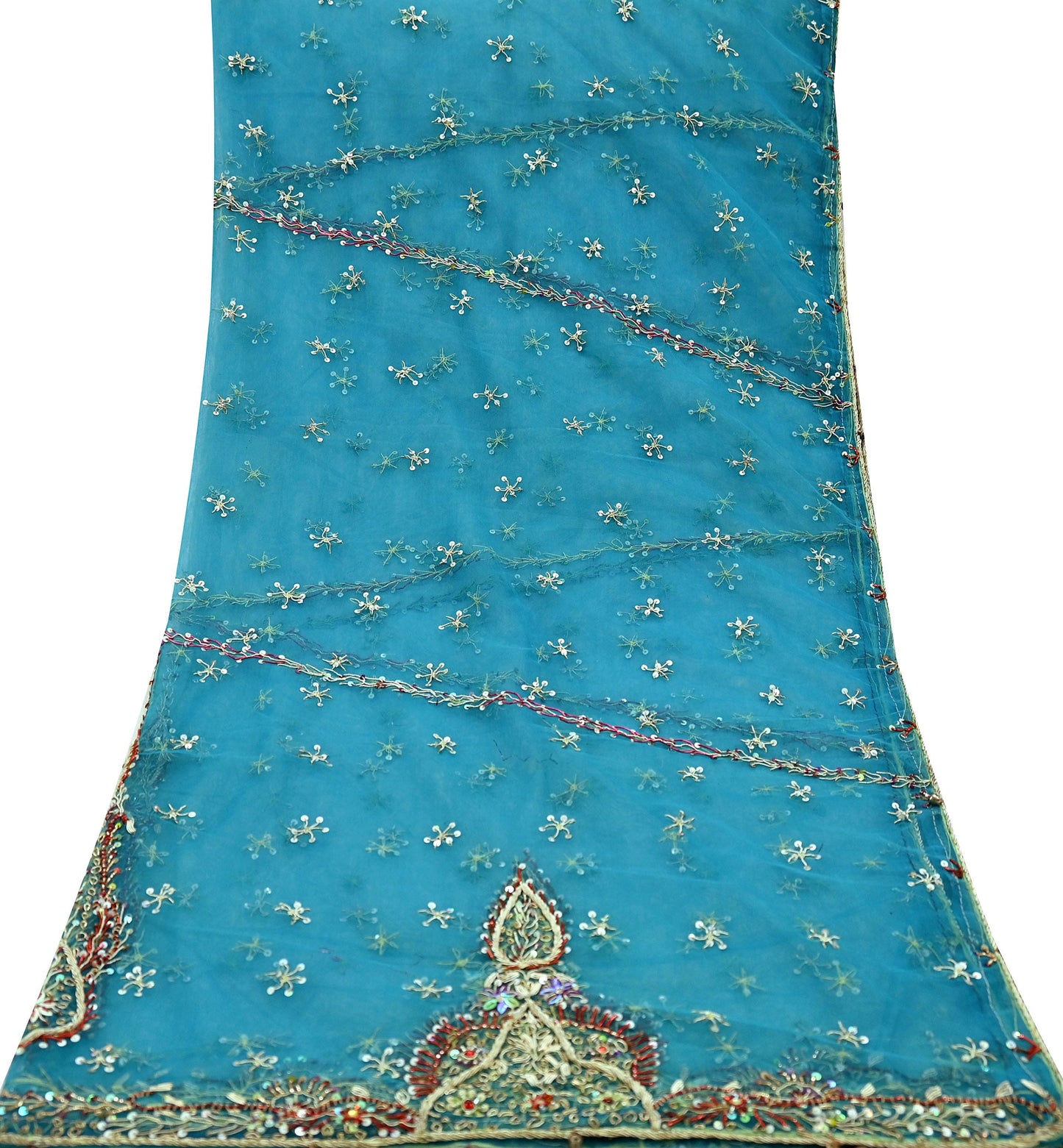Indian Vintage Blue Dupatta Net Mesh Long Stole Hand Embroidered Scarves Golden Zardozi Zari Sequins Stole