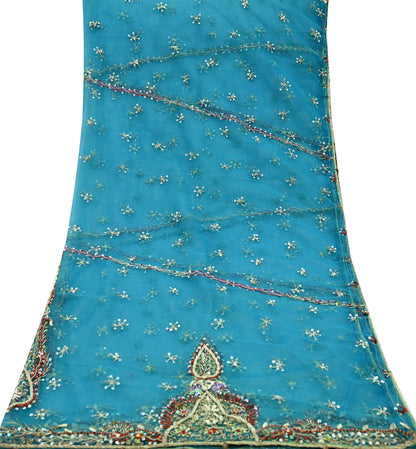 Indian Vintage Blue Dupatta Net Mesh Long Stole Hand Embroidered Scarves Golden Zardozi Zari Sequins Stole