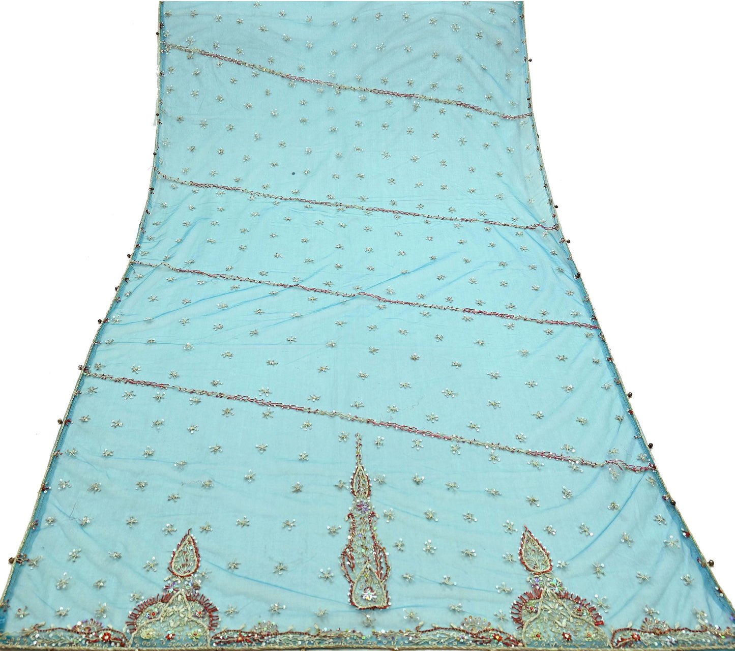 Indian Vintage Blue Dupatta Net Mesh Long Stole Hand Embroidered Scarves Golden Zardozi Zari Sequins Stole