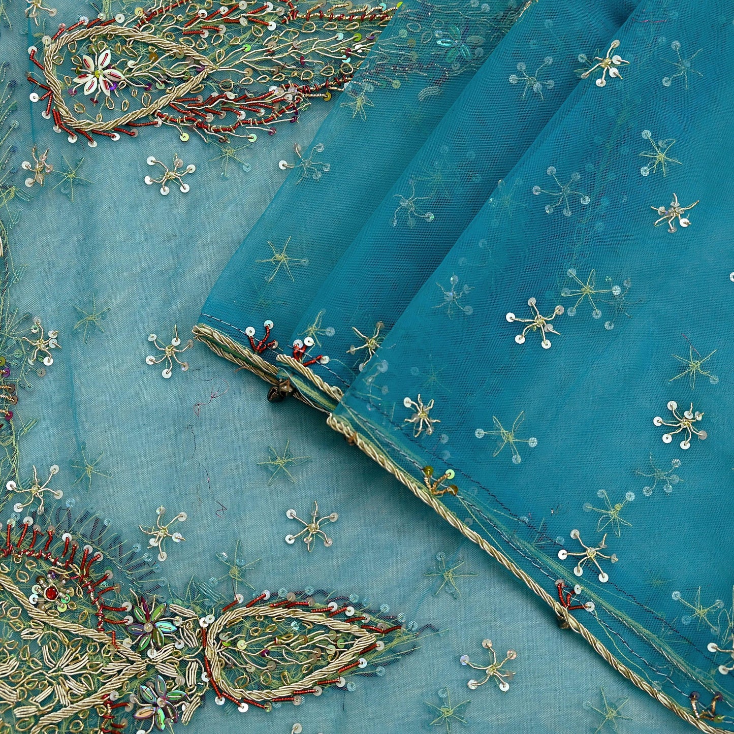 Indian Vintage Blue Dupatta Net Mesh Long Stole Hand Embroidered Scarves Golden Zardozi Zari Sequins Stole