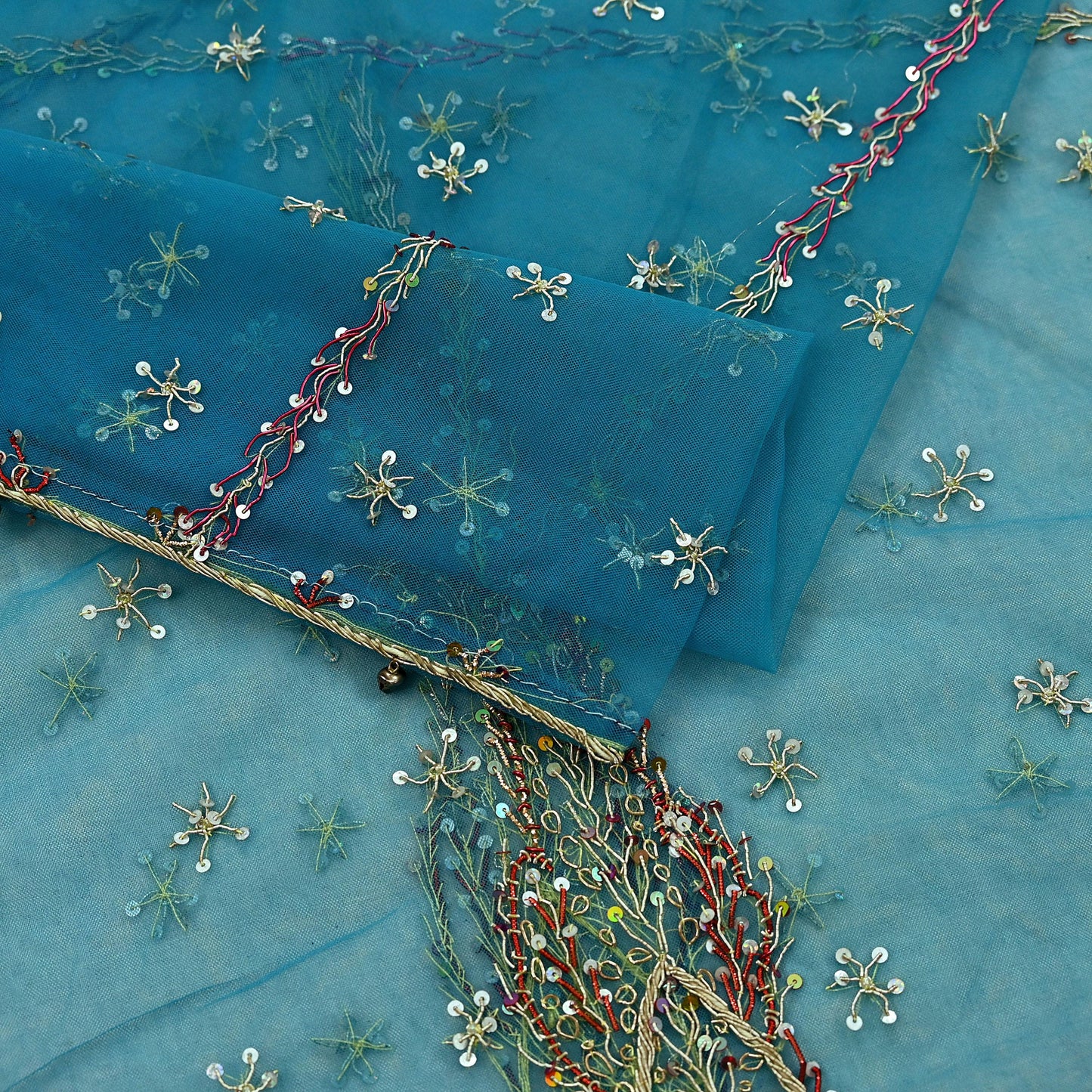 Indian Vintage Blue Dupatta Net Mesh Long Stole Hand Embroidered Scarves Golden Zardozi Zari Sequins Stole