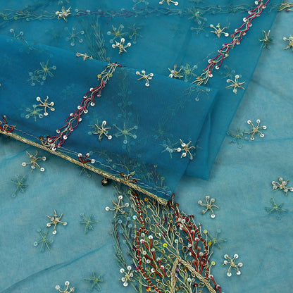 Indian Vintage Blue Dupatta Net Mesh Long Stole Hand Embroidered Scarves Golden Zardozi Zari Sequins Stole