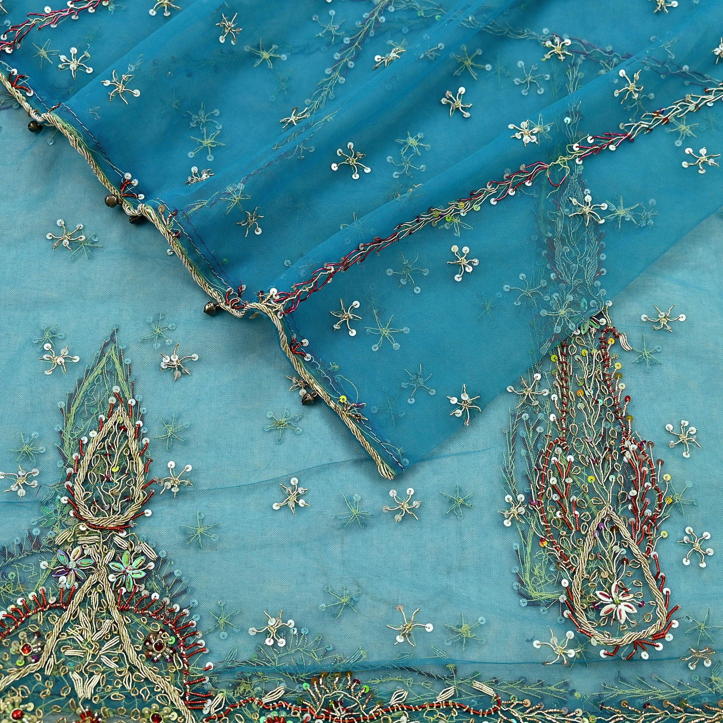 Indian Vintage Blue Dupatta Net Mesh Long Stole Hand Embroidered Scarves Golden Zardozi Zari Sequins Stole