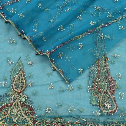 Indian Vintage Blue Dupatta Net Mesh Long Stole Hand Embroidered Scarves Golden Zardozi Zari Sequins Stole