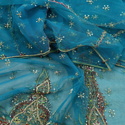 Indian Vintage Blue Dupatta Net Mesh Long Stole Hand Embroidered Scarves Golden Zardozi Zari Sequins Stole