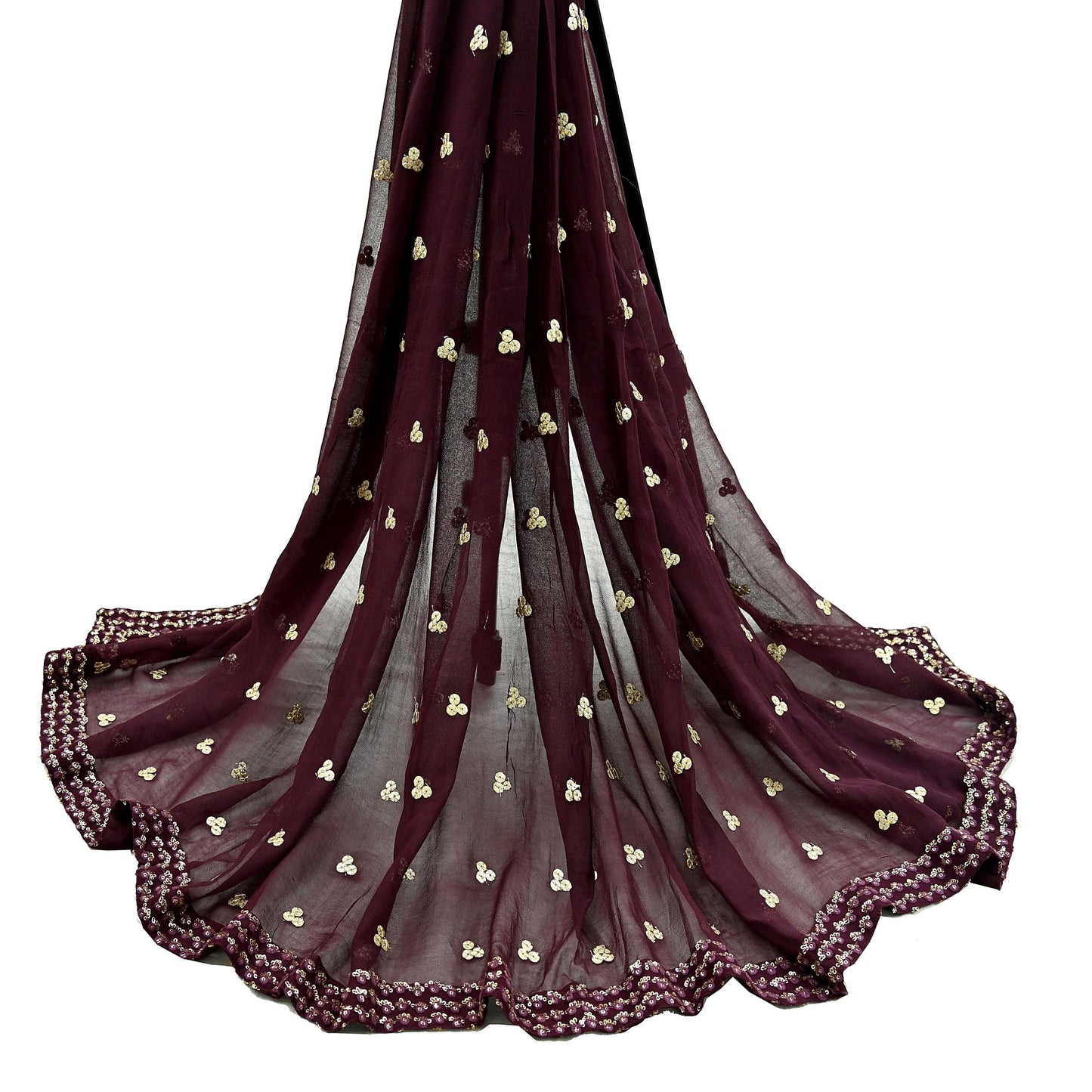 Indian Vintage Maroon Dupatta Pure Georgette silk Long Stole Hand Embroidered Scarves Stole Veil Wrap Sequins