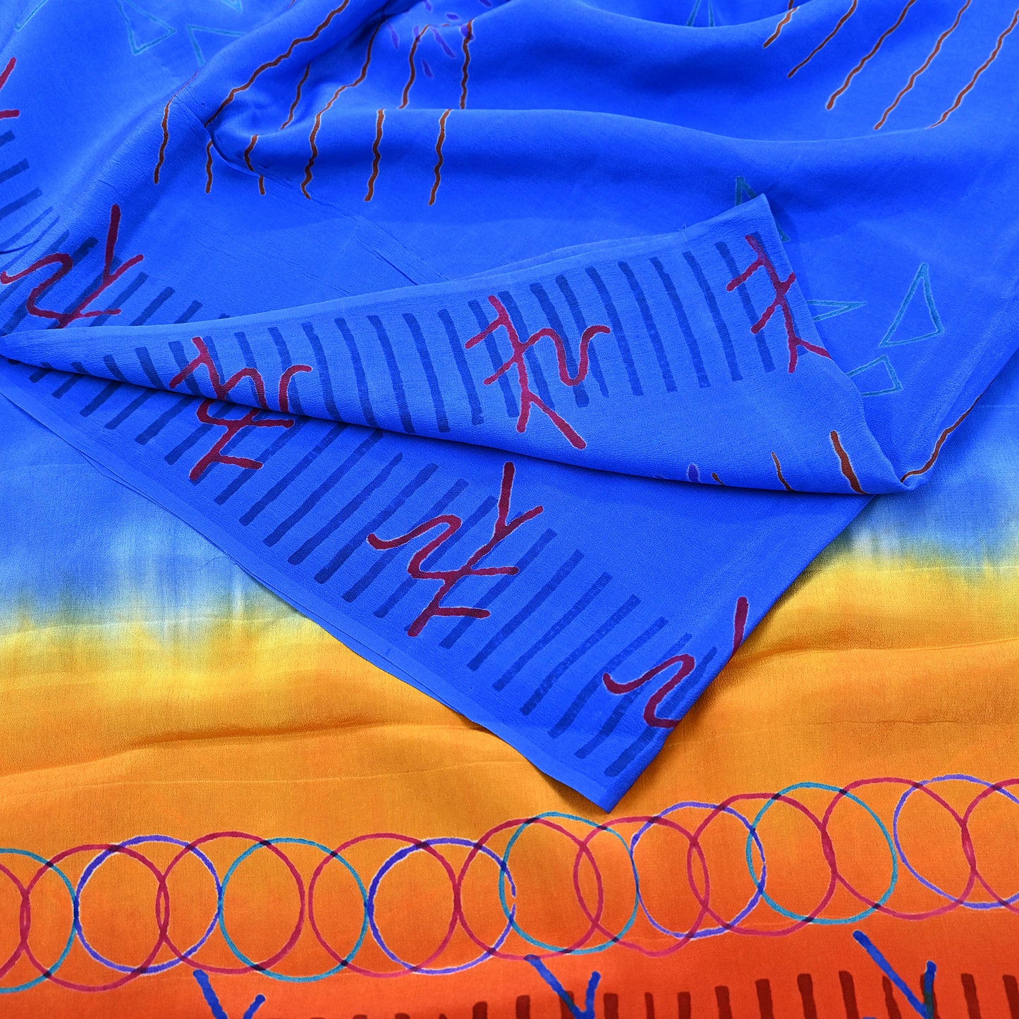 Indian Vintage Sari Blue & Orange Pure Crepe Silk Printed Sarees 5yd Sewing Floral Soft Craft Fabric Wrap Dress making Crafting Quilting